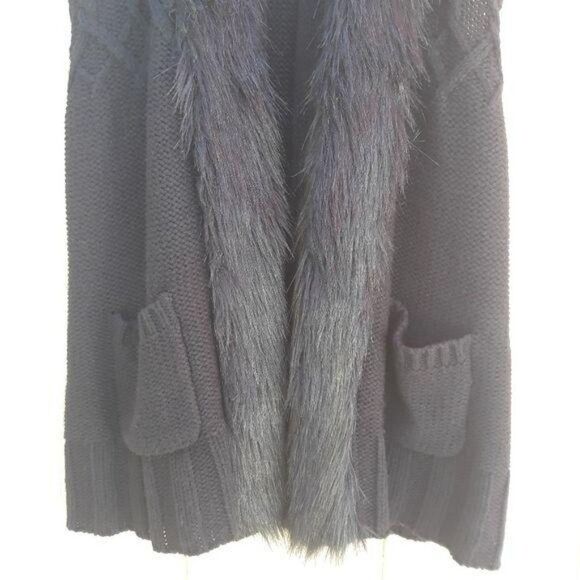 Style & Co Wool Thick Cable Knit Faux Fur Trim Open Cardigan Tunic Black Sz XS - Picture 5 of 8